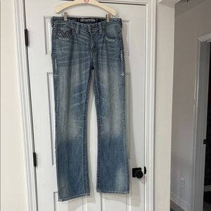 Affliction Cooper Buckle Med Wash Distressed Denim Straight Fit Jeans Size 33x34